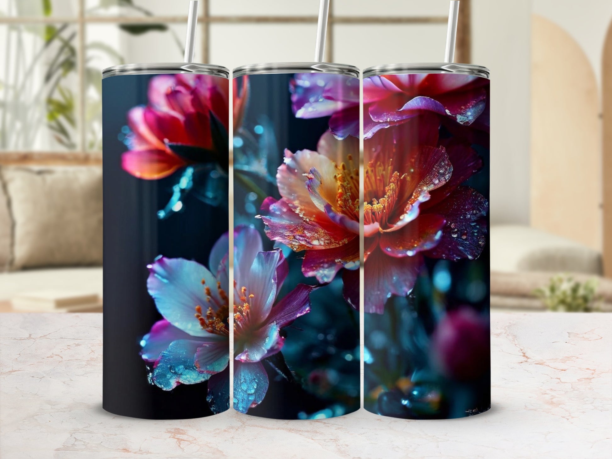 Tumbler with close-up, dew-kissed pink and purple floral art.