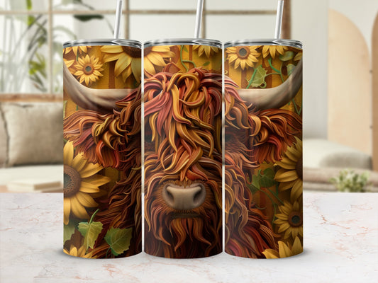 Highland cow with sunflowers on a patterned tumbler.