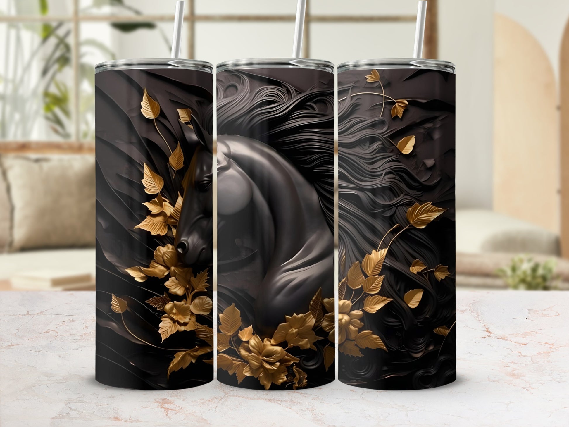 Elegant Black Horse and Golden Leaves Tumbler