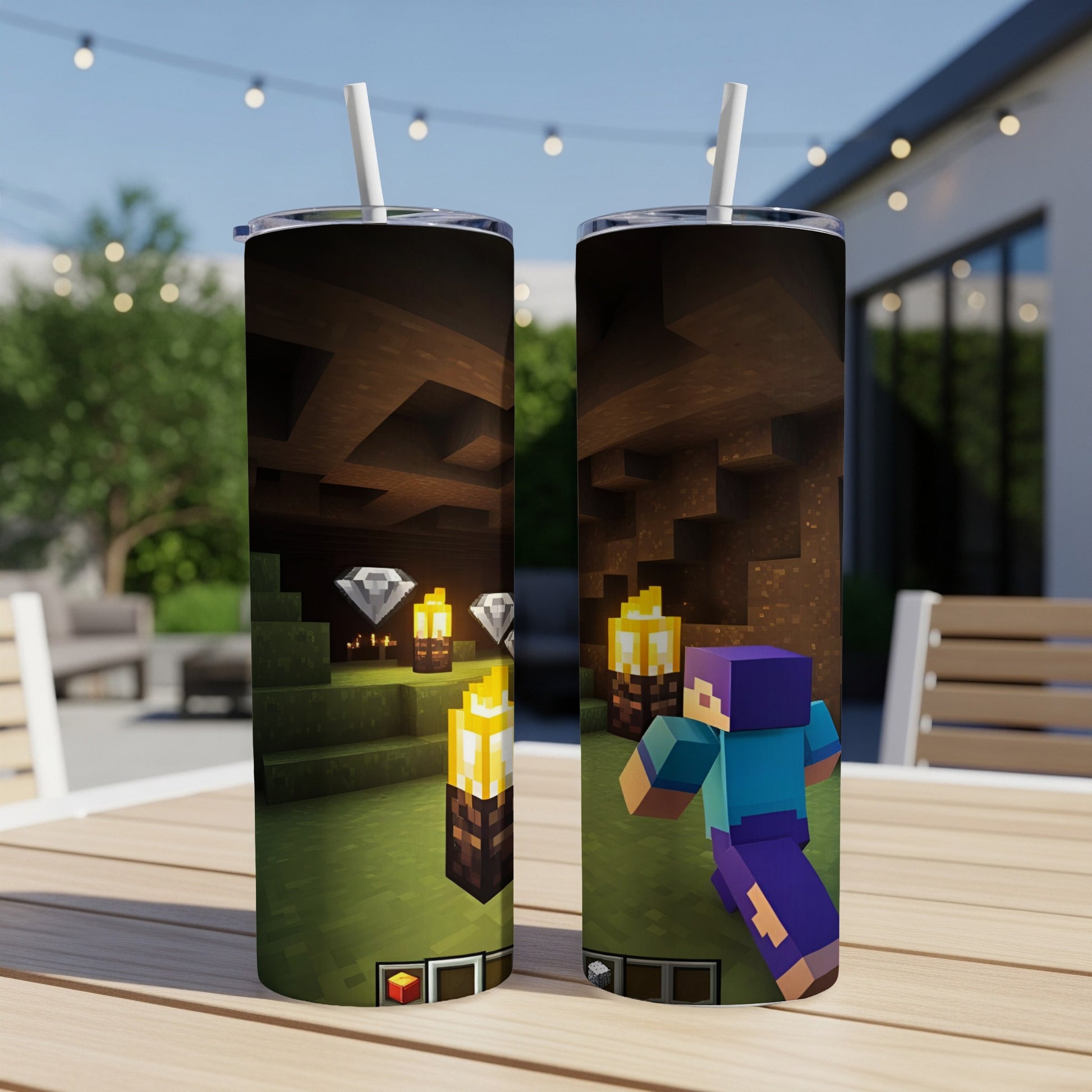 Minecraft tumbler with Steve running through a cave with torches and diamonds.