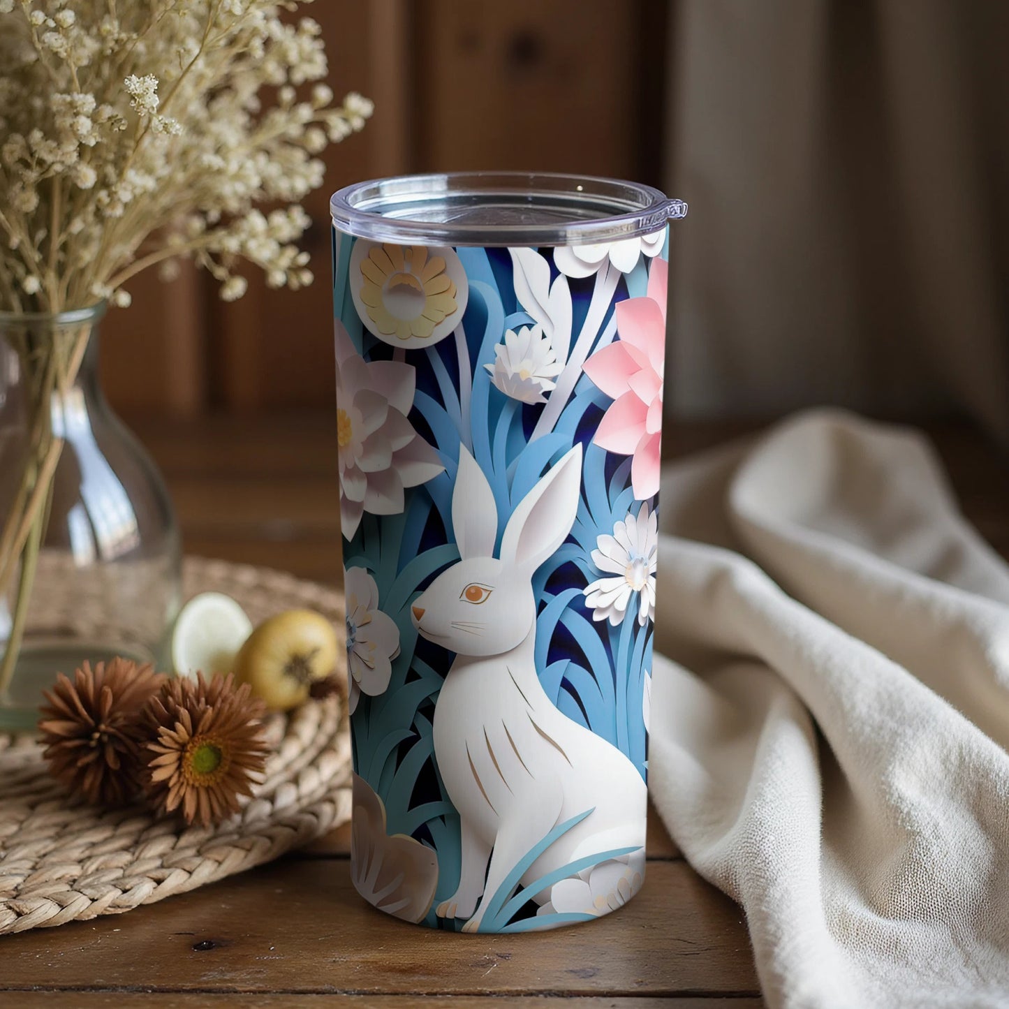 Floral Bunny Patterned Blue Tumbler with Lid