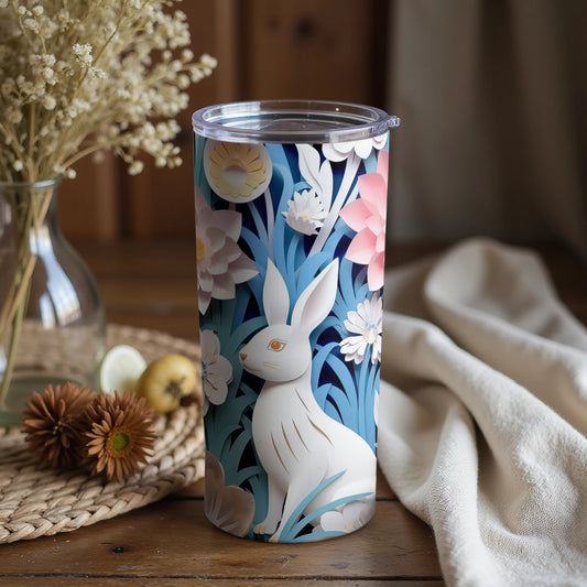 Floral Bunny Patterned Blue Tumbler with Lid