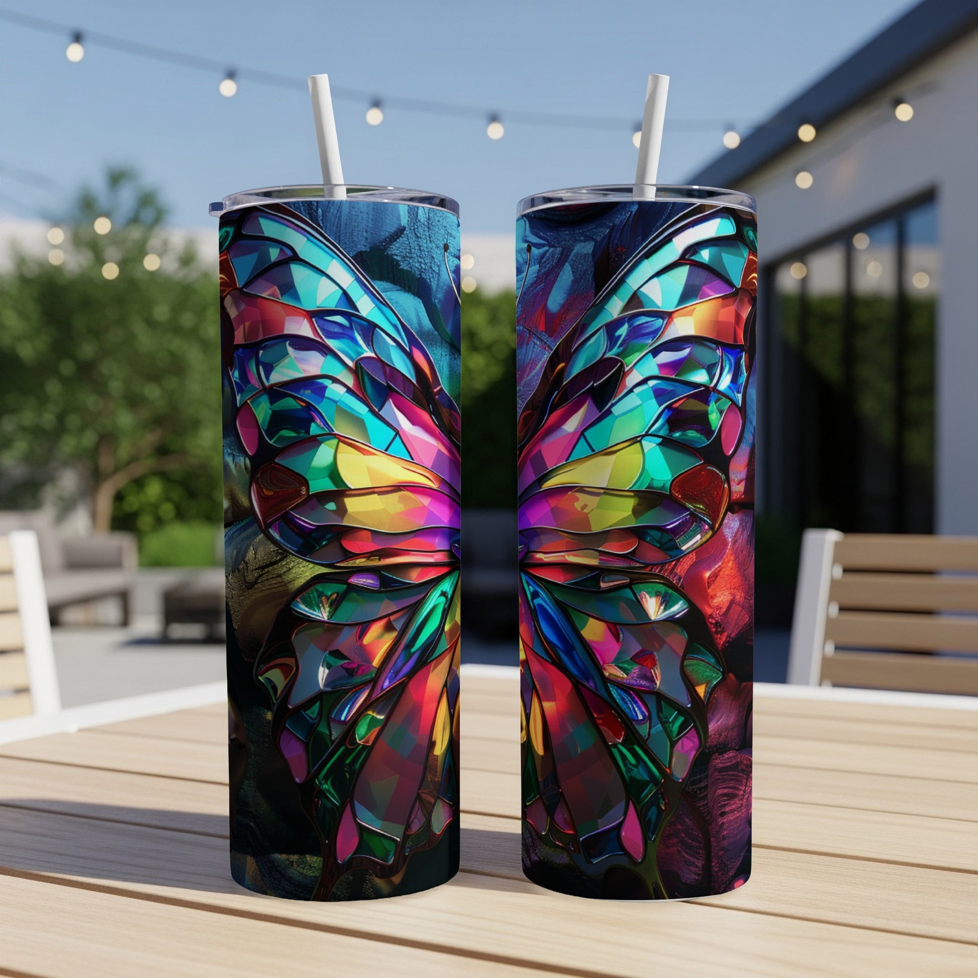 Two tall tumblers with stained glass butterfly wings design.