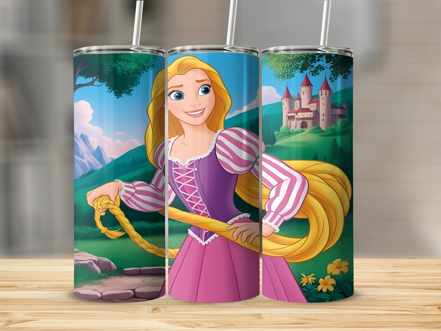Rapunzel from Tangled holding her long blonde hair, castle in background.