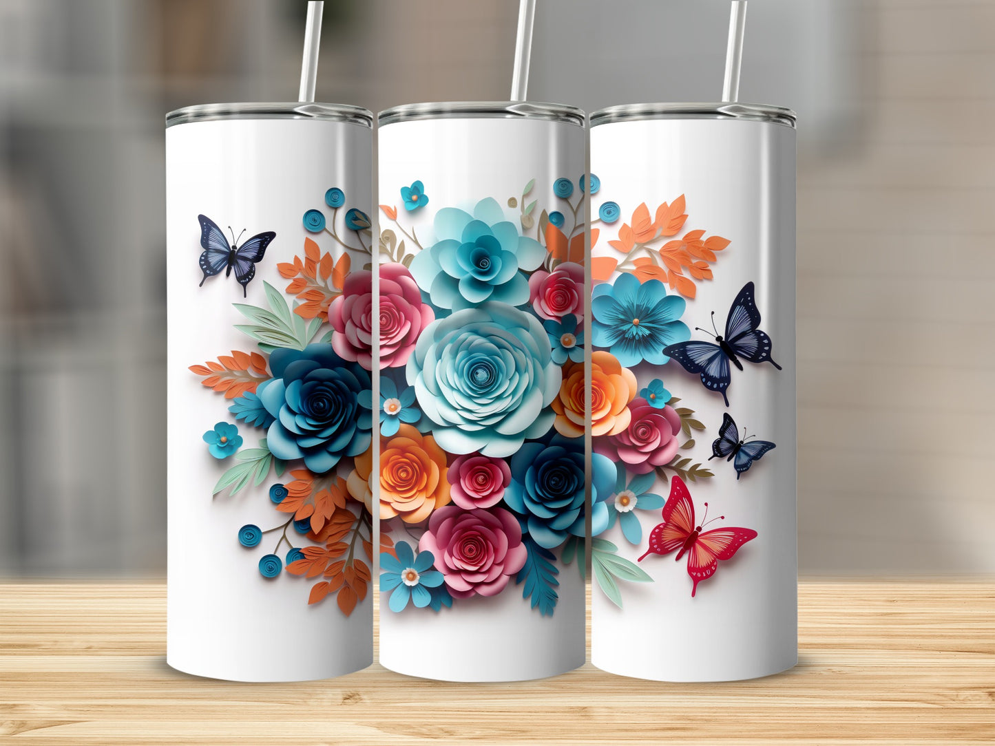 Vibrant Floral and Butterfly Design Insulated Tumbler