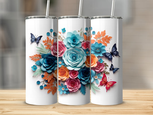 Vibrant Floral and Butterfly Design Insulated Tumbler
