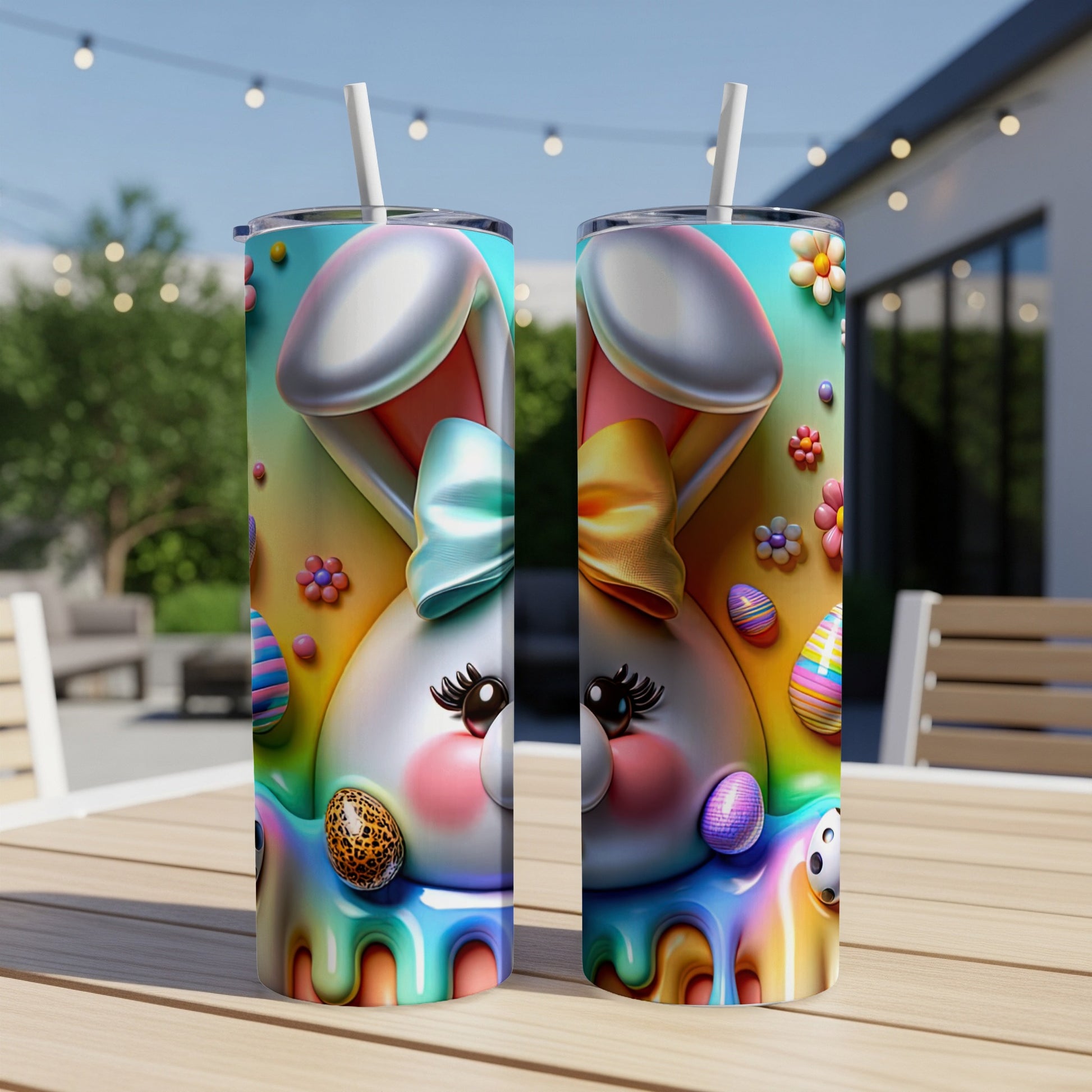 Easter bunny tumbler with colorful eggs and flowers.