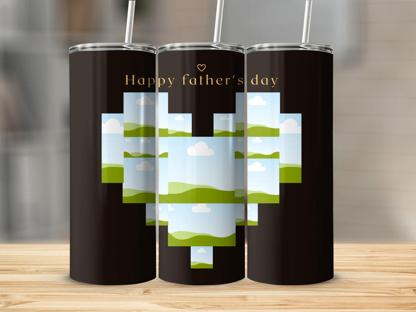 Three tumblers with a heart-shaped collage and "Happy Father's Day" text.