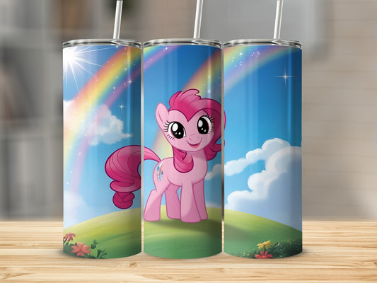 Pinkie Pie from My Little Pony on a rolling green hill with rainbow and clouds.