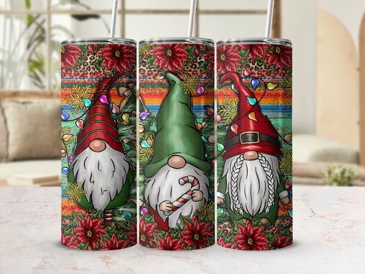 Three gnomes with Christmas lights and candy canes on a festive background.