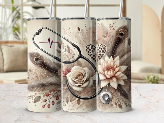 Three tumblers with a stethoscope, feathers, flowers, and a heartbeat line.