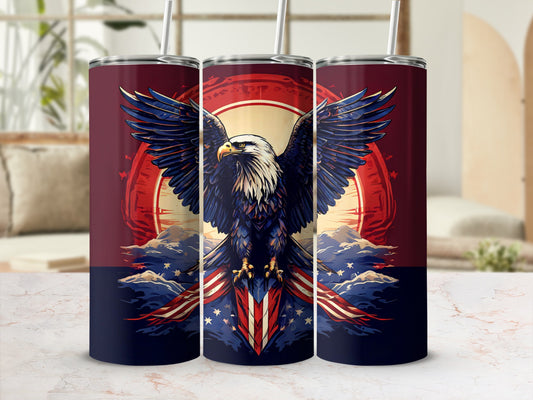 Tumbler with patriotic eagle design, American flag, and celestial background.