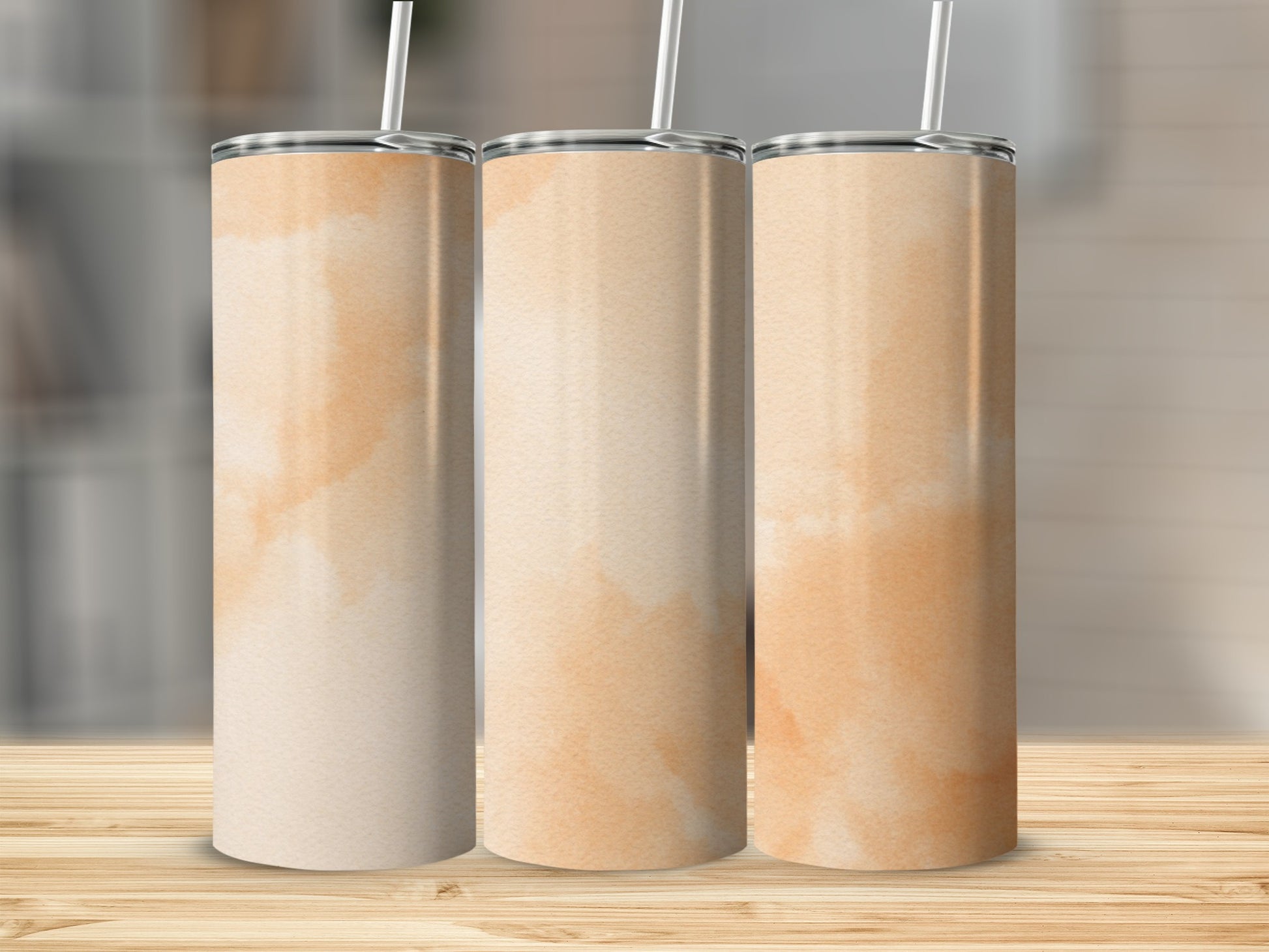 Three blank sublimation tumblers with a watercolor wash pattern.