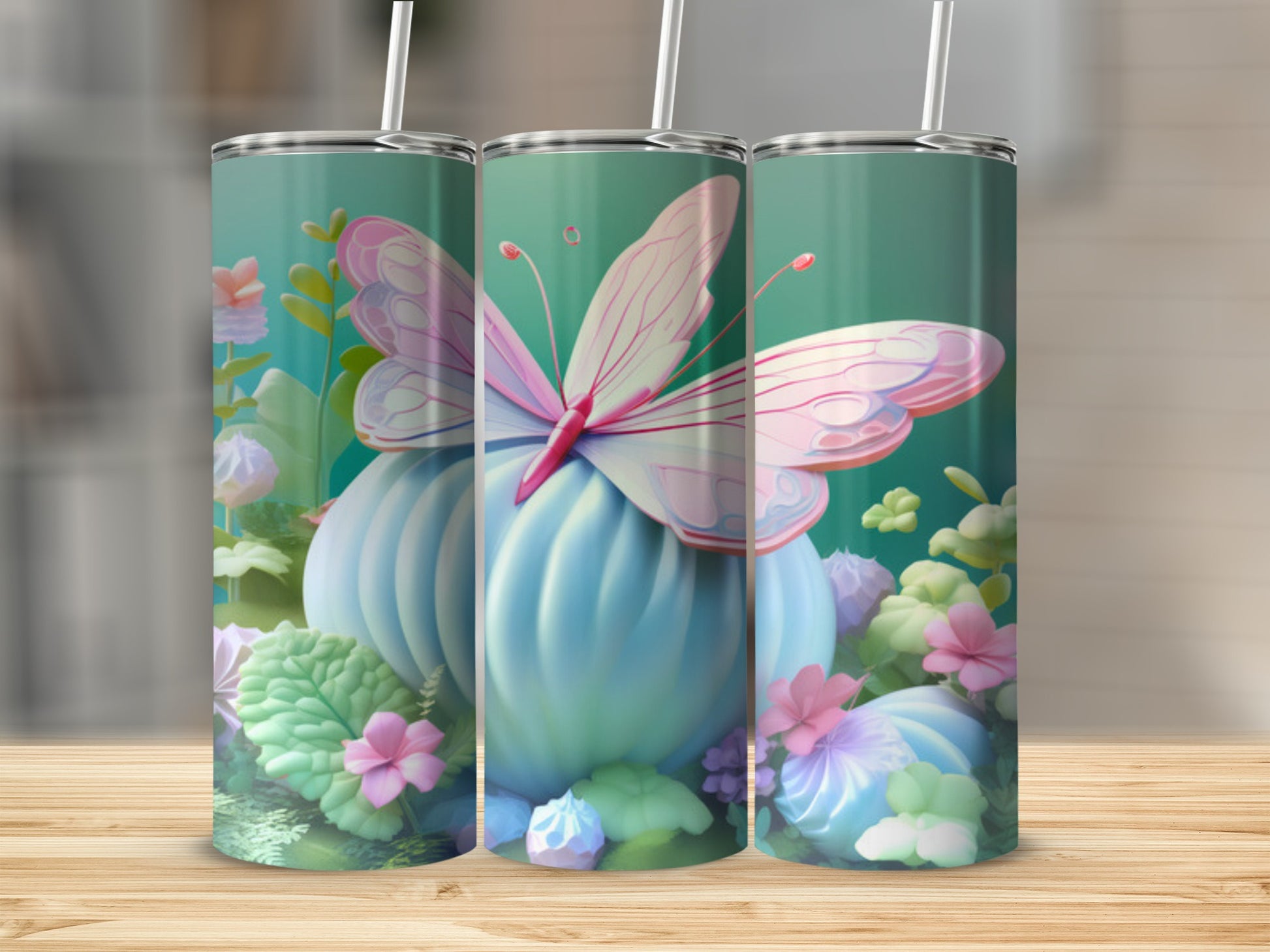 Blue pumpkin with butterfly and floral accents on a tumbler.
