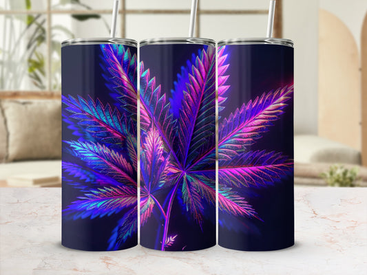 Digital art of a colorful cannabis leaf on a dark background.