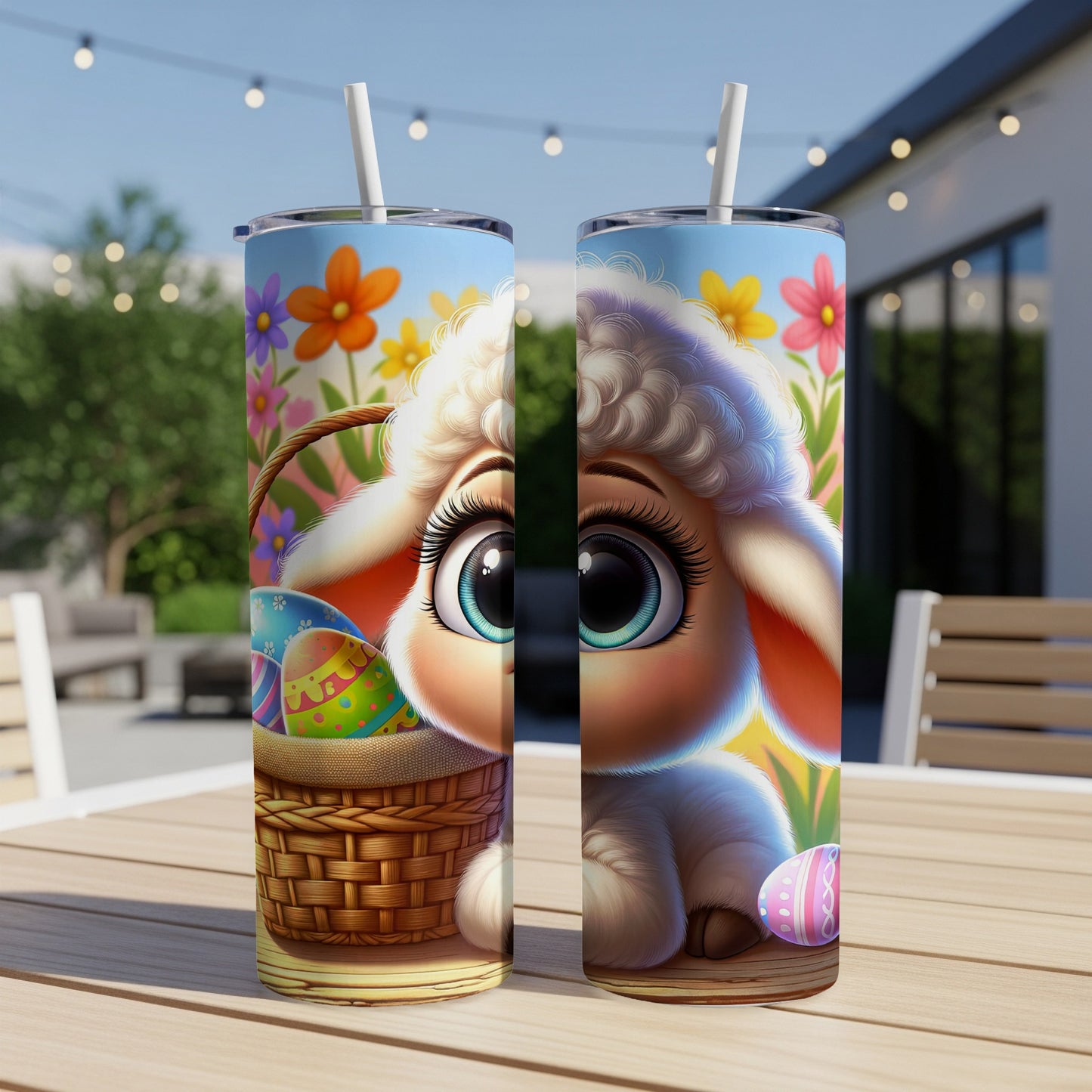 Adorable sheep with Easter eggs on a tumbler.