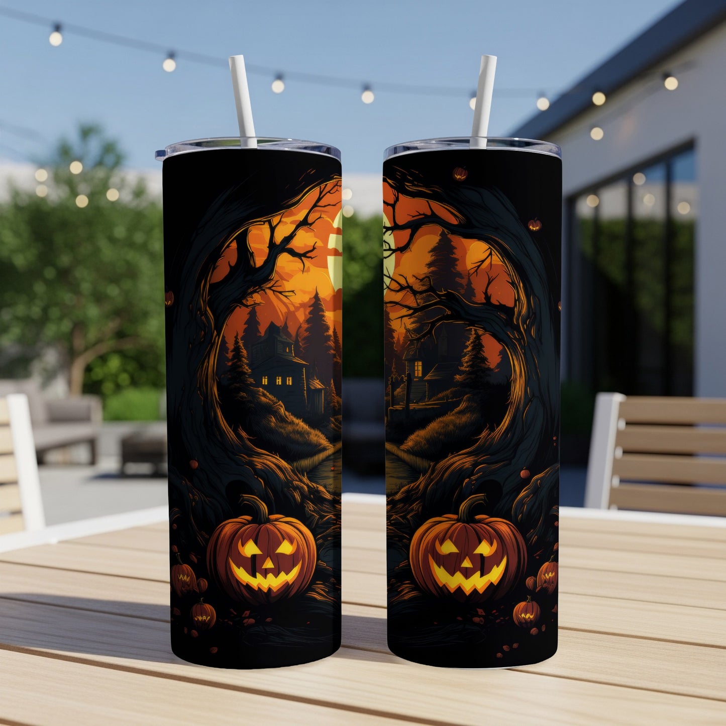Two tumblers featuring a spooky Halloween forest scene with jack-o'-lanterns.