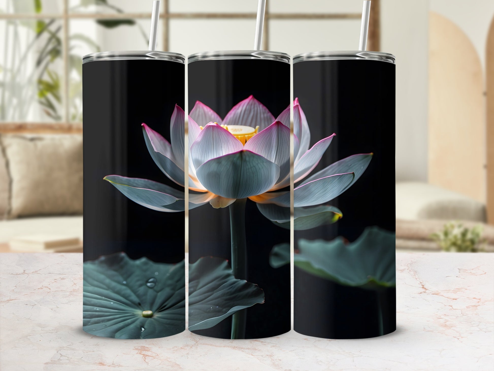 Elegant Lotus Flower Pink Petals Dark Background Leaves product type