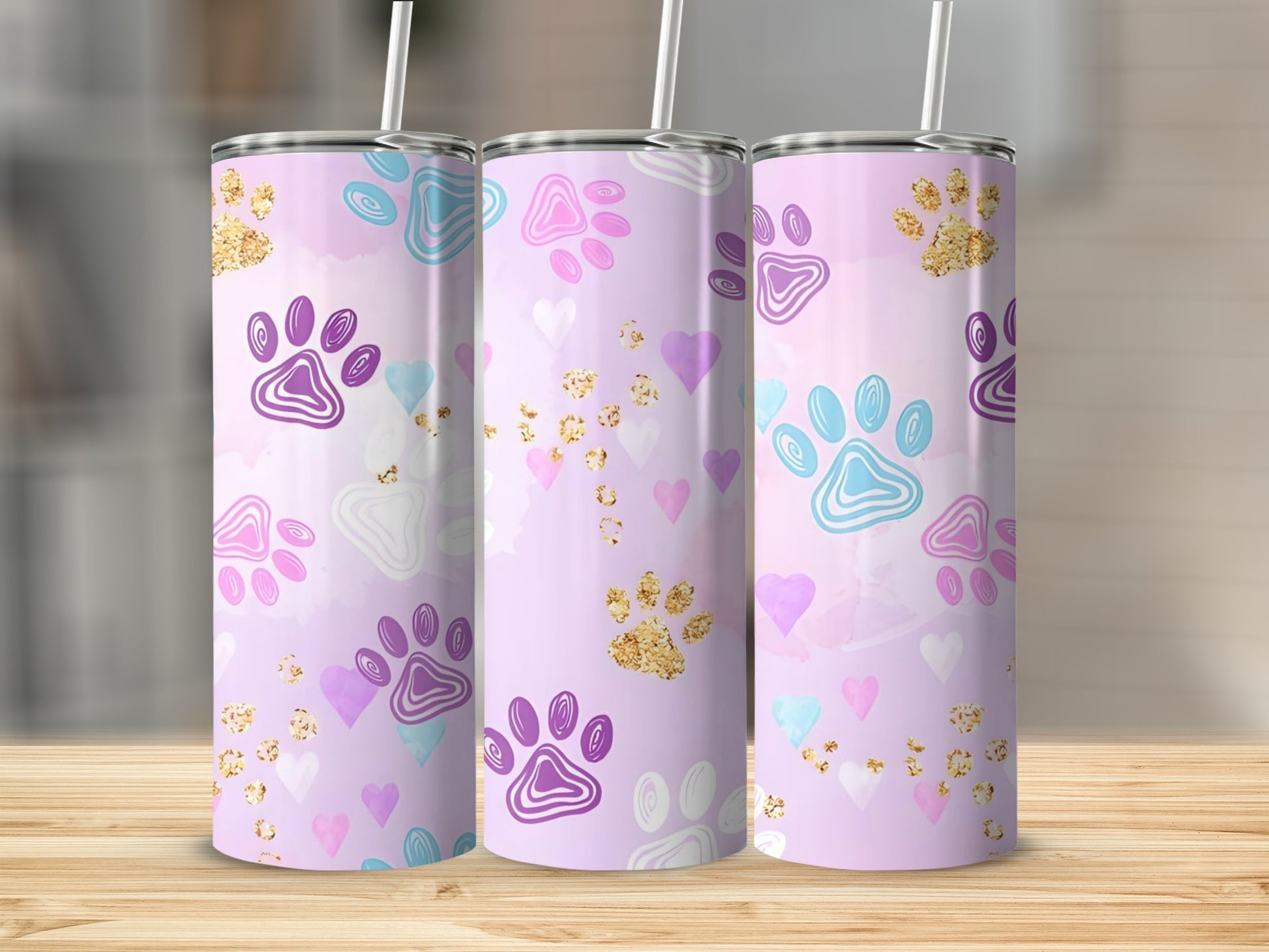 Pastel Paw Print and Heart Design Tumbler Drinkware
