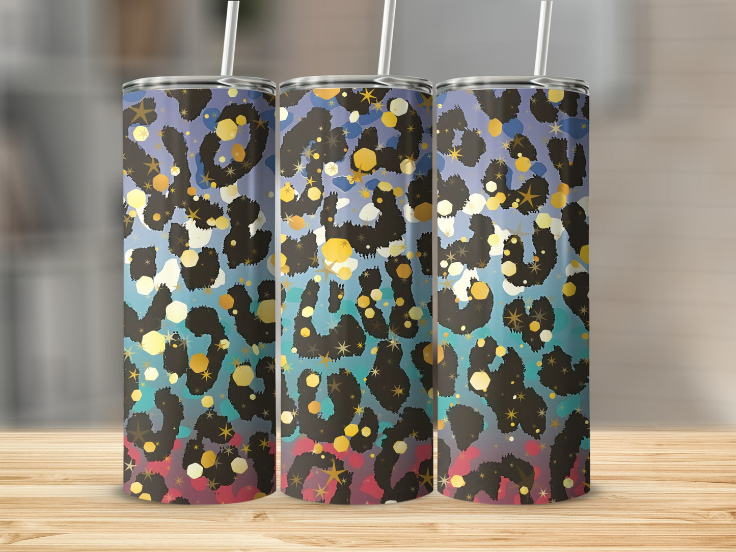 Colorful Leopard Print Tumblers with Straw Set of Three