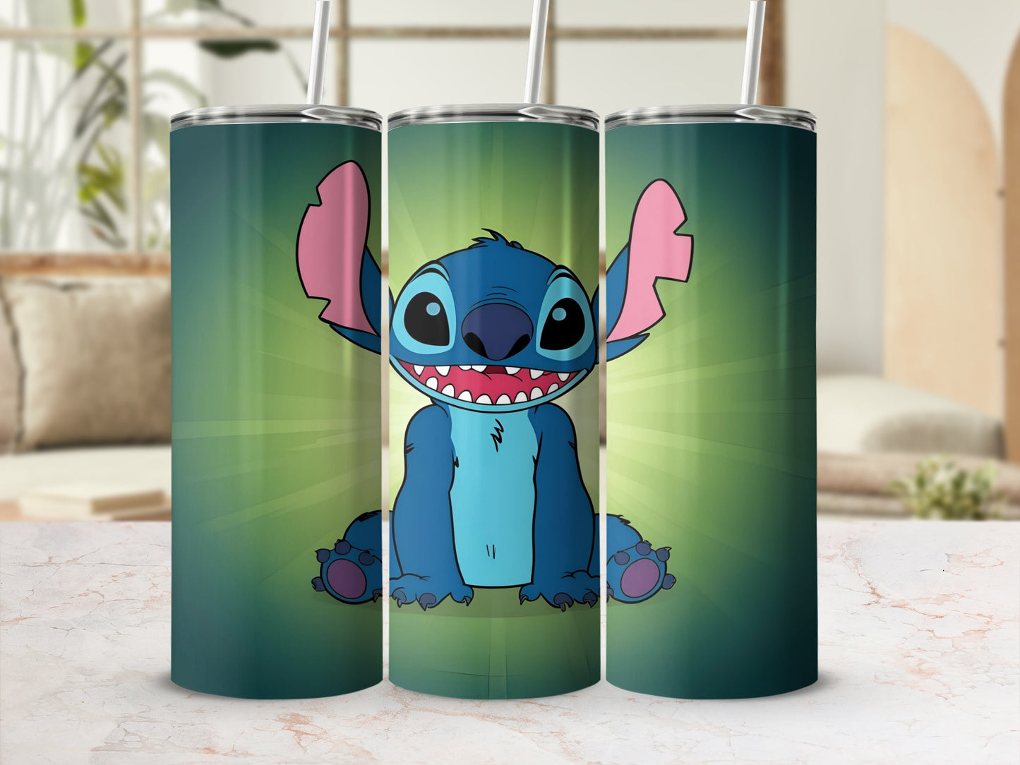 Stitch character on three teal tumblers with a radiating green background.