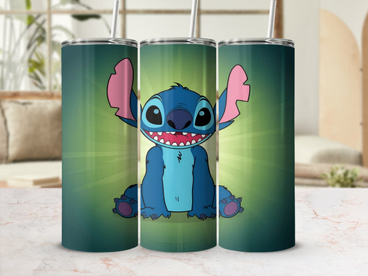 Stitch character on three teal tumblers with a radiating green background.