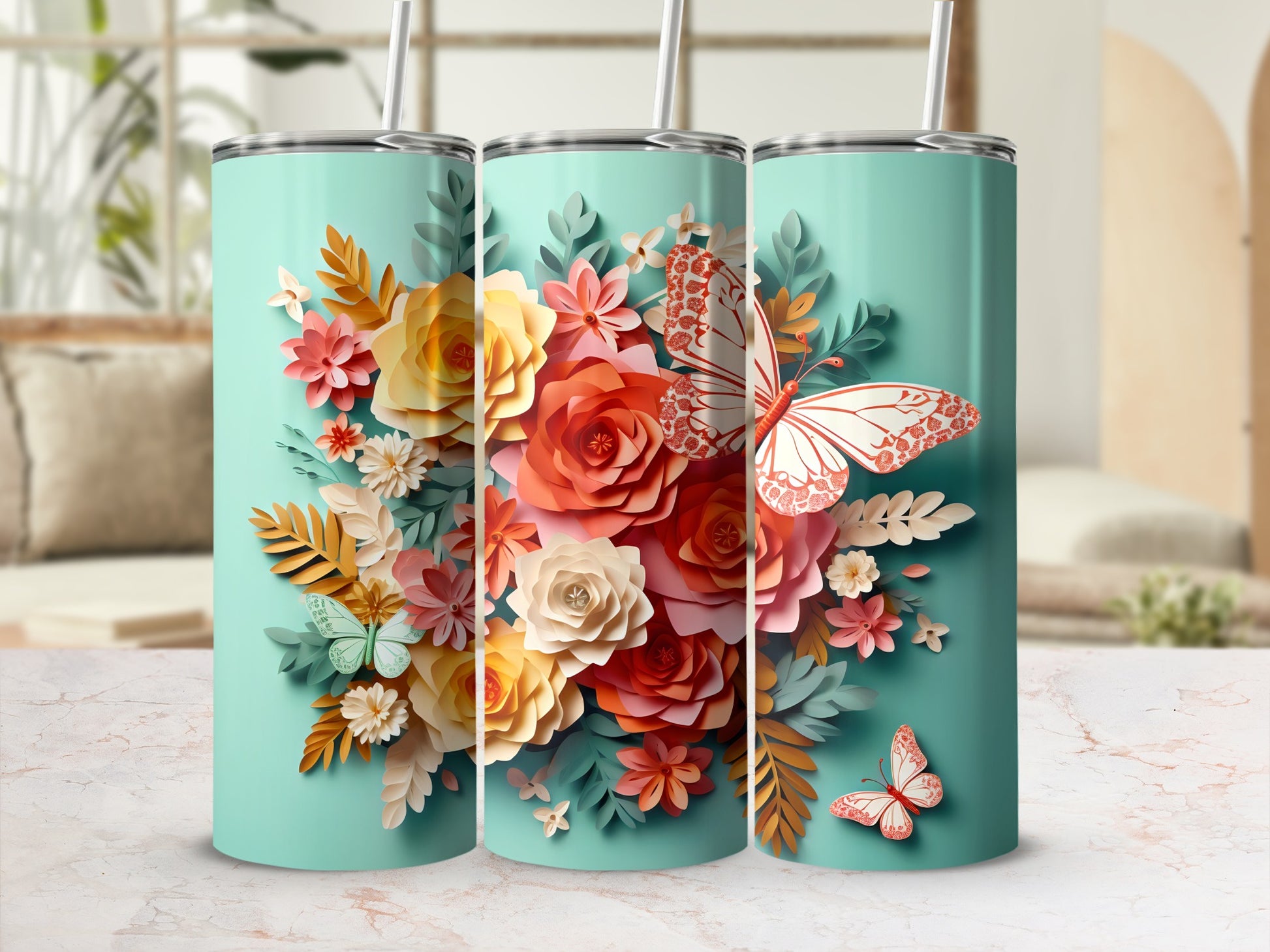 Vibrant Floral and Butterfly Design Tumbler Cup