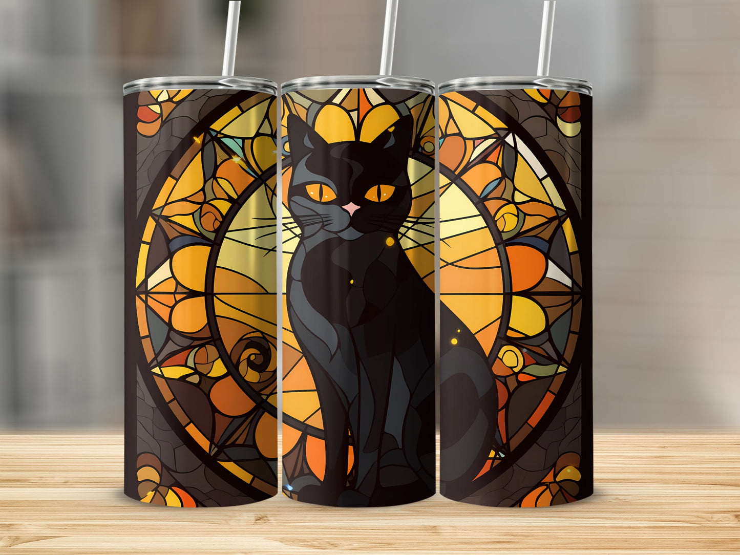 Black cat against a stained glass-style background on three tumblers.