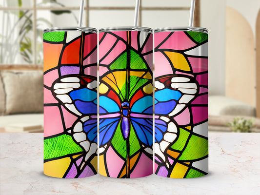 Three tumblers featuring a colorful stained-glass butterfly design.
