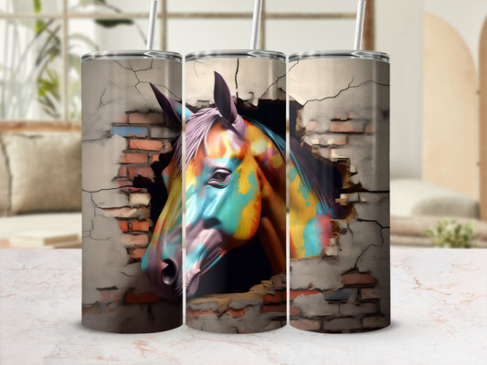 Colorful horse head breaking through a cracked brick wall design on a tumbler.