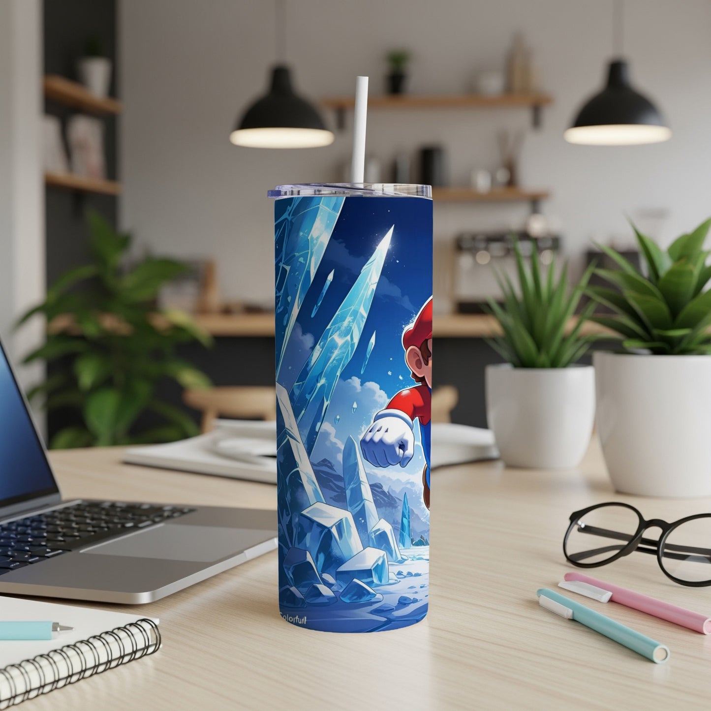 Super Mario character on a blue and white icy patterned tumbler.