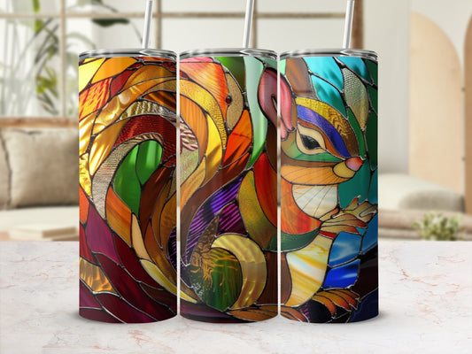 Three stained glass tumblers featuring a squirrel design.