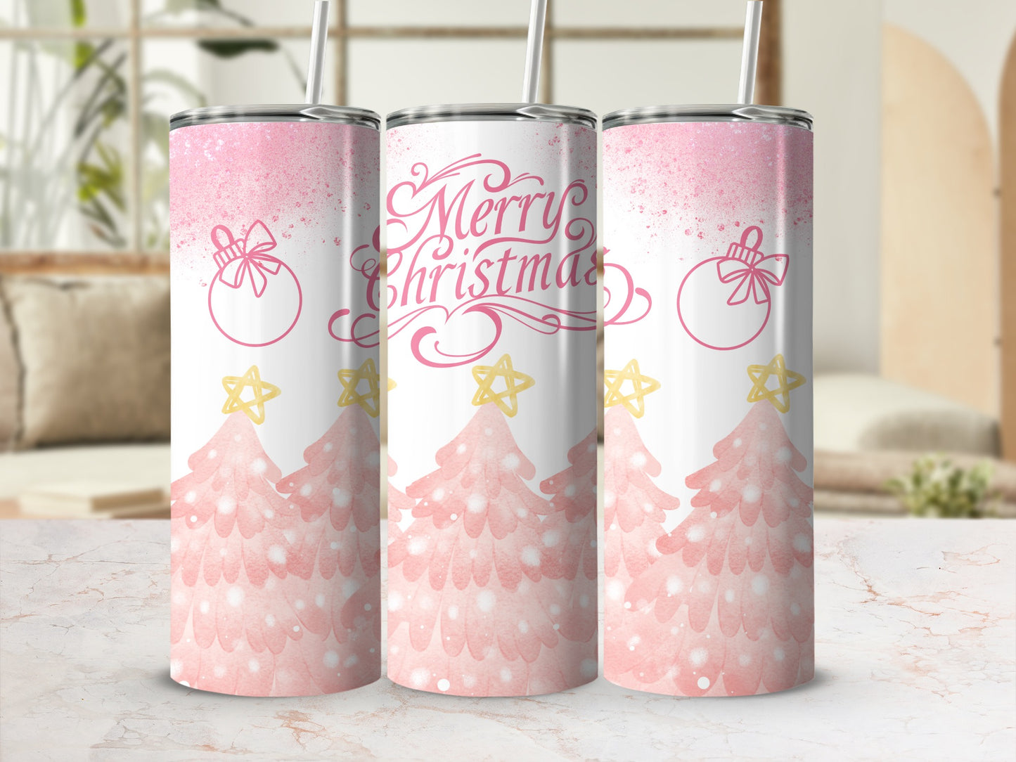 Merry Christmas Tree Design Tumbler With Straw