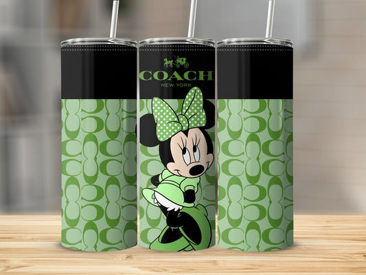 Three tumblers with Coach logo and Minnie Mouse design on a light green background.