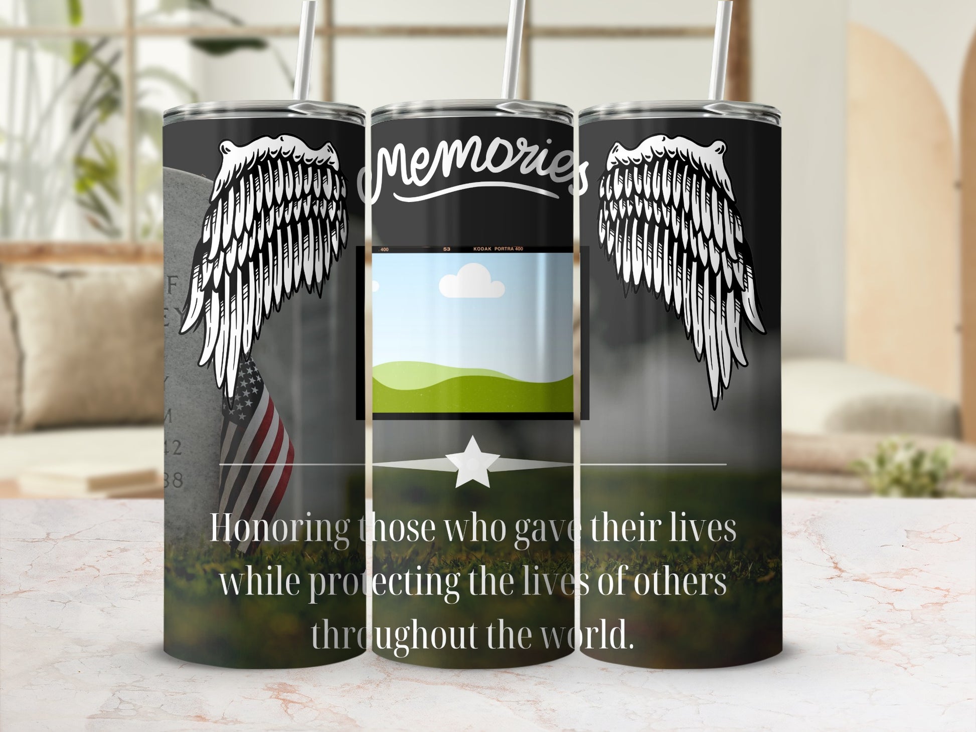 Tumbler with angel wings, American flag, and text honoring those who gave their lives.