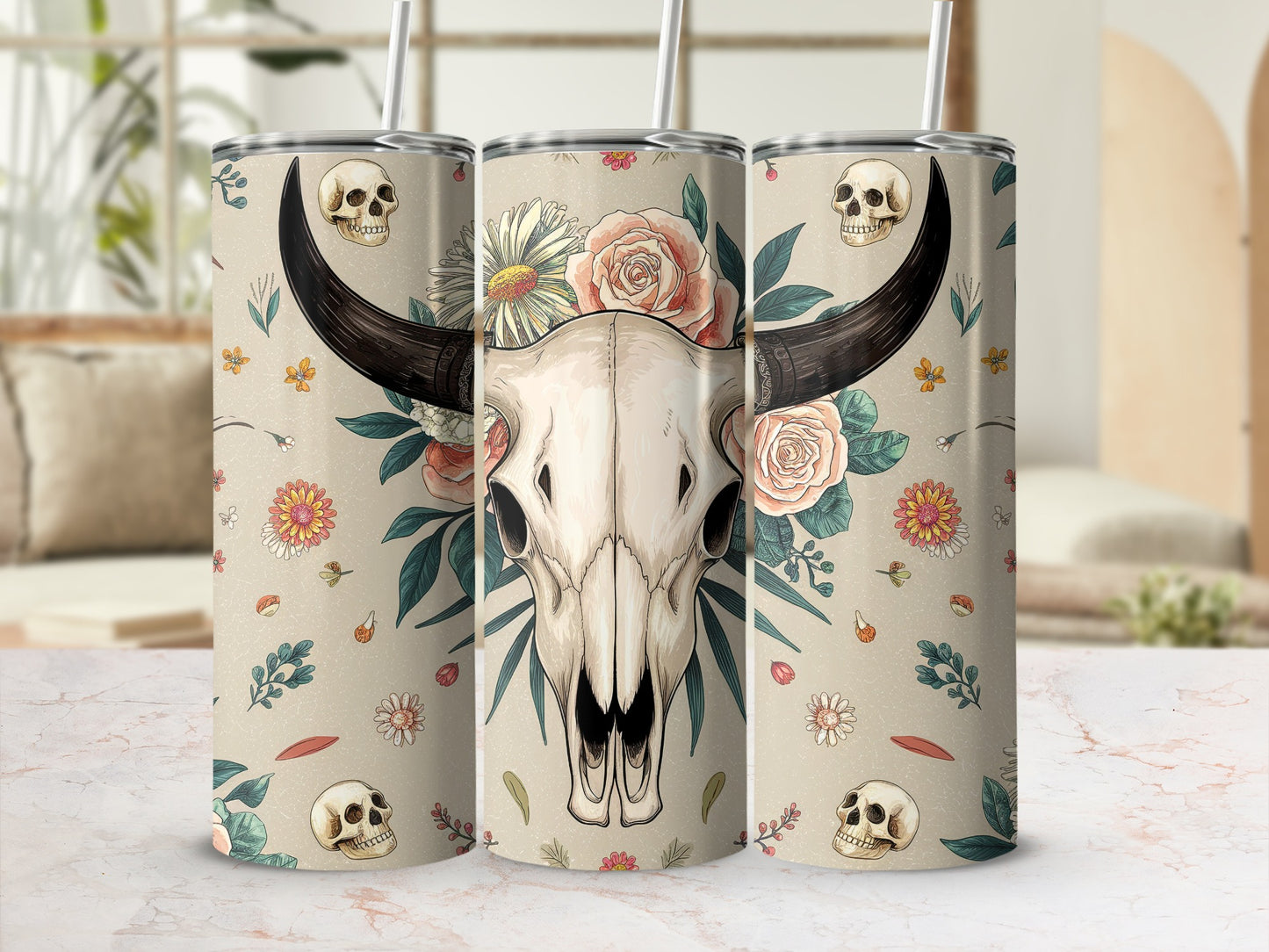 Bull skull with flowers and small skulls on a patterned tumbler.