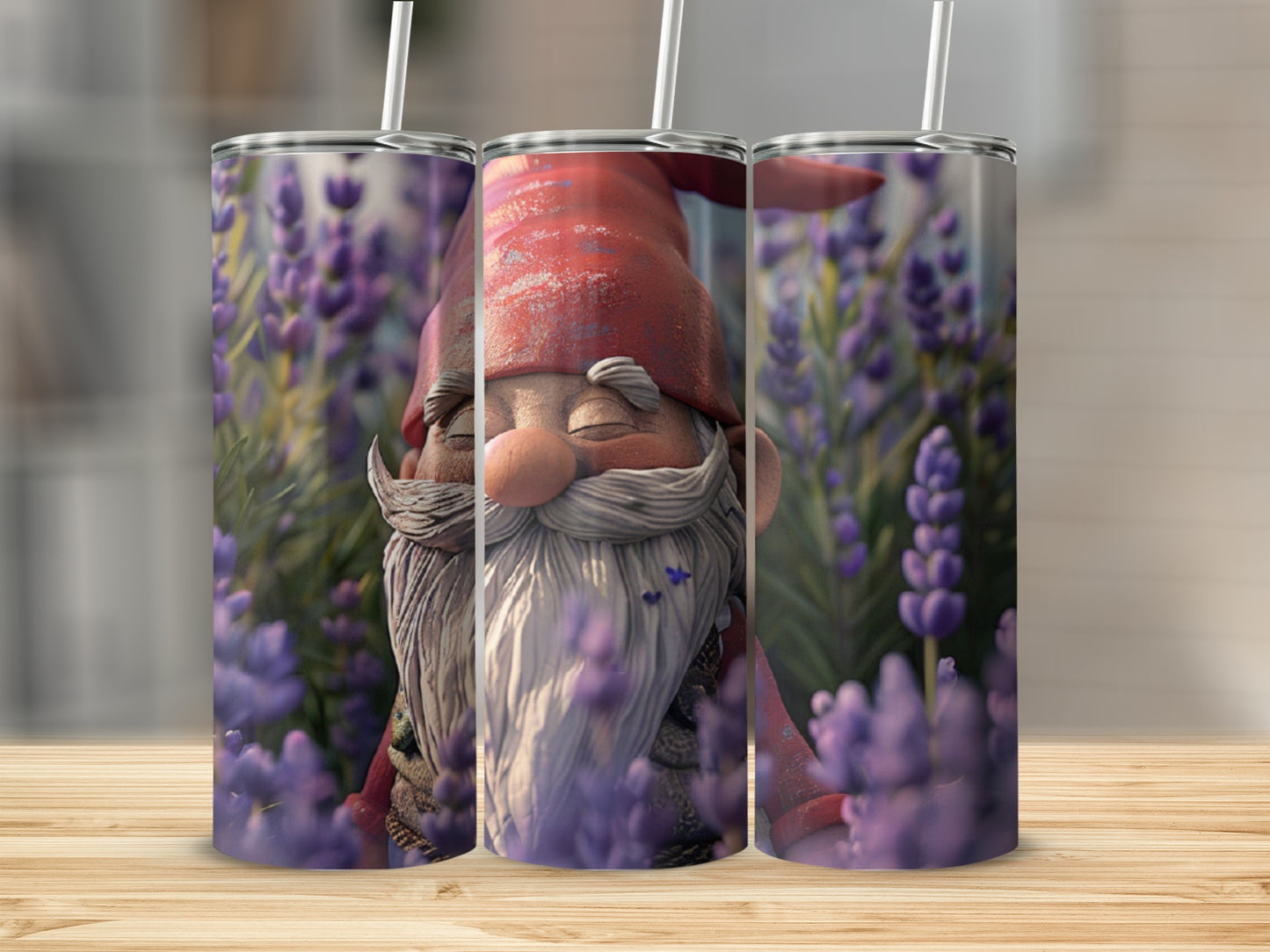 Gnome character in red hat surrounded by purple flowers, with straws.