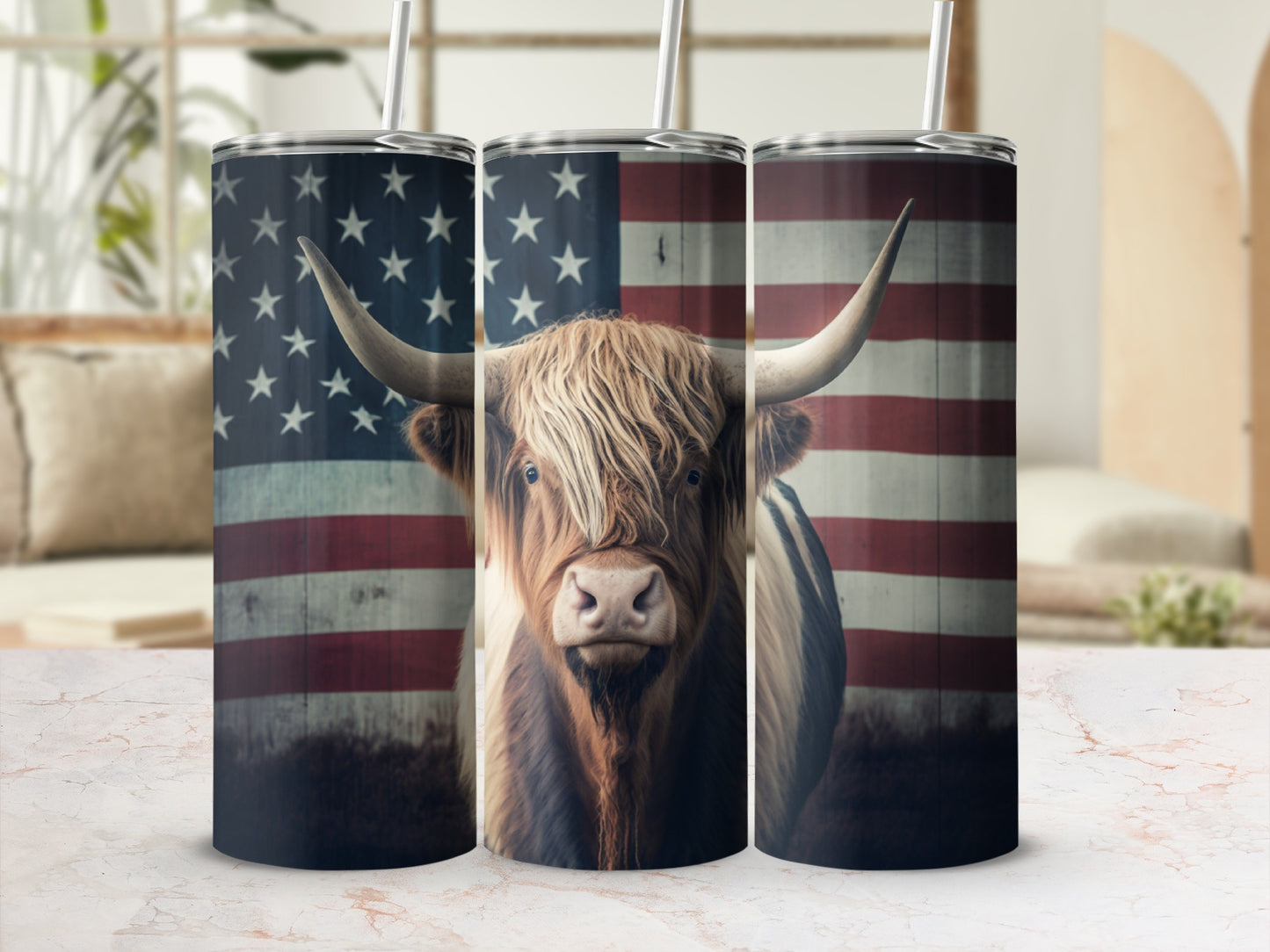 Taurus with American flag background on three tumblers.