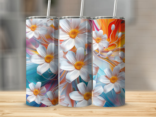 Three tumblers with white flowers and colorful abstract backgrounds.