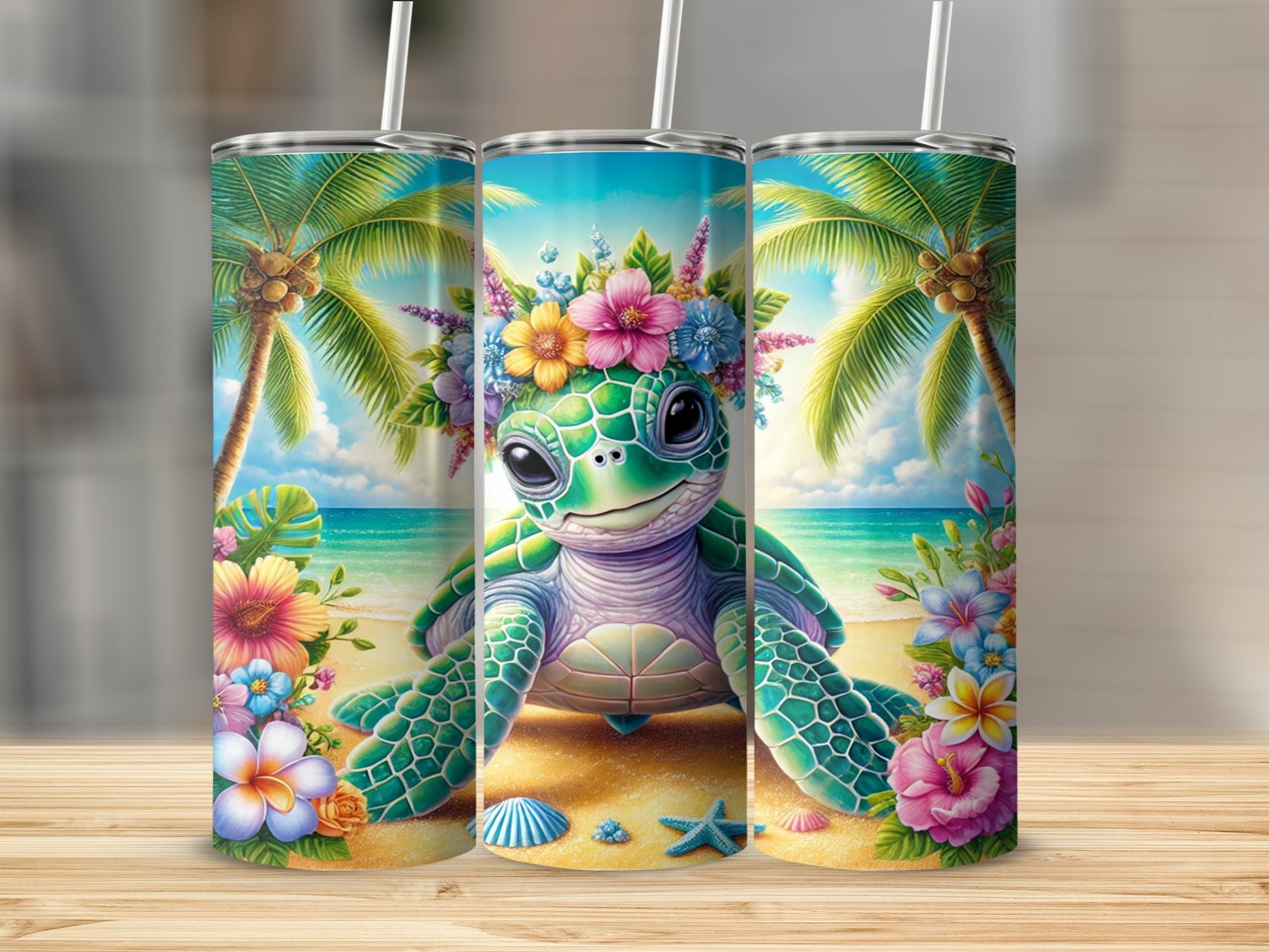 Cute Tropical Turtle Beach Scene Art Print Tumbler