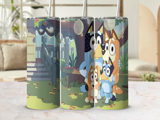 Bluey family characters on a tumbler with cartoon house background.