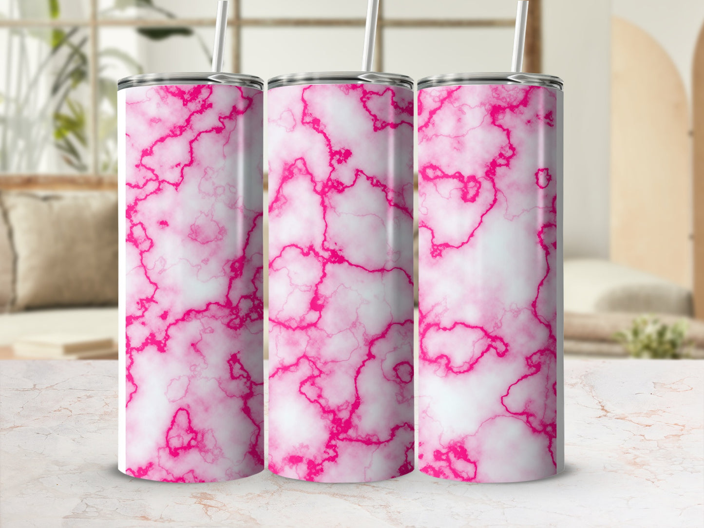 Three white tumblers with pink marble pattern, standing on a marble surface.