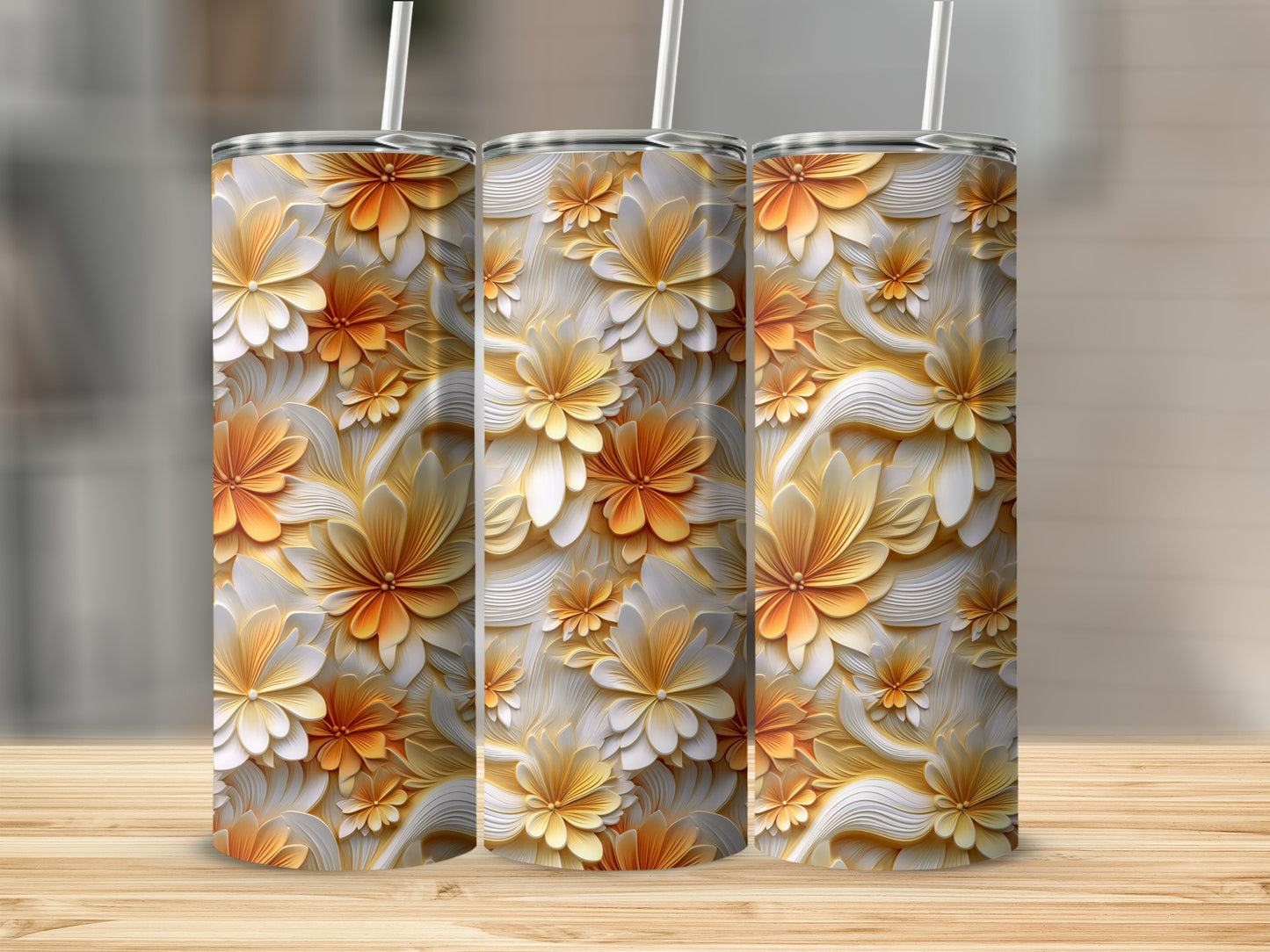 Floral Patterned Tumbler with Orange and Yellow Flowers