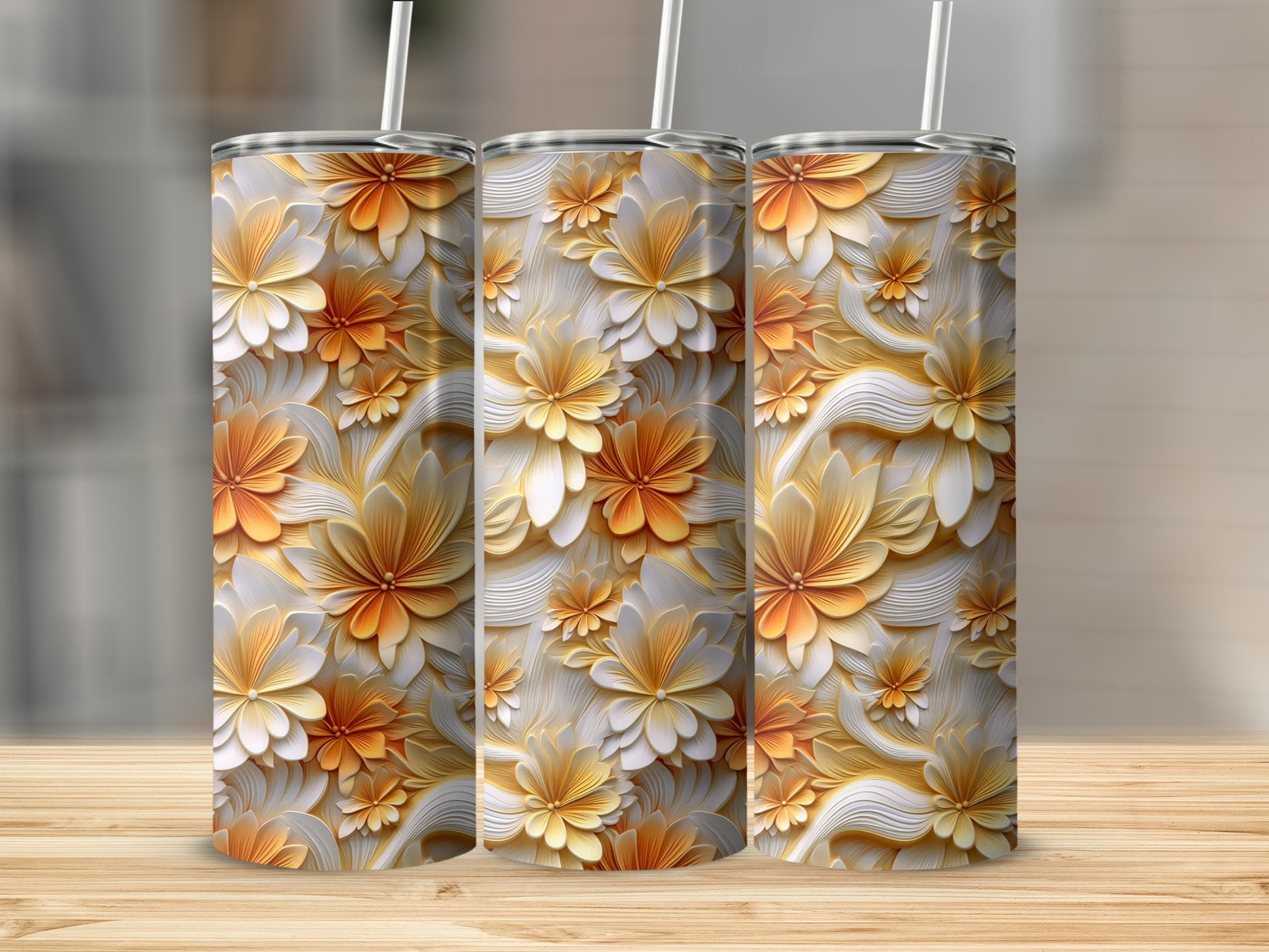 Floral Patterned Tumbler with Orange and Yellow Flowers