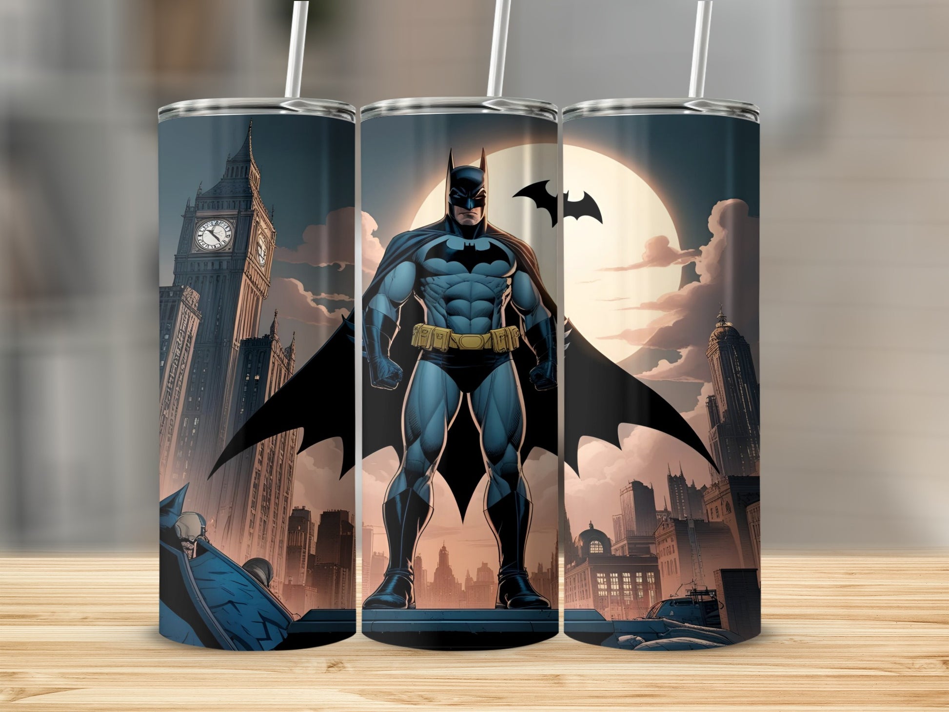 Batman standing tall in a city with a large moon and clock tower.