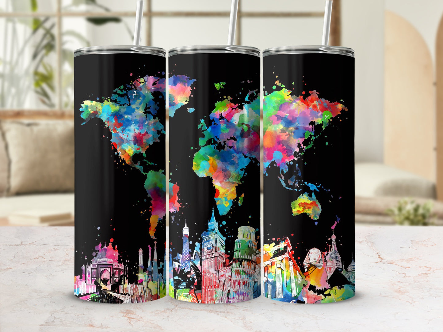 Three tumblers with a colorful watercolor world map and famous landmarks design.