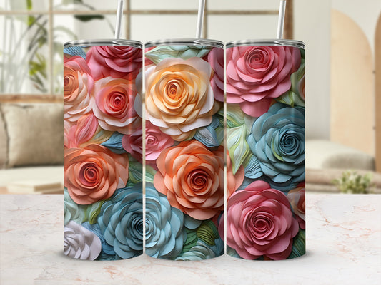 Three tumblers with floral designs, featuring roses in pink, peach, and blue.