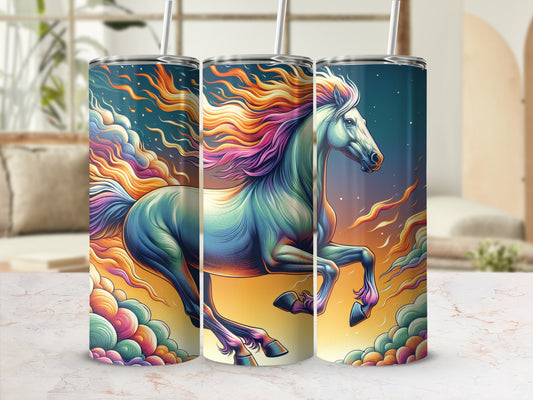 Three tall tumblers with a vibrant, mythical horse illustration against a colorful, cloudy background.