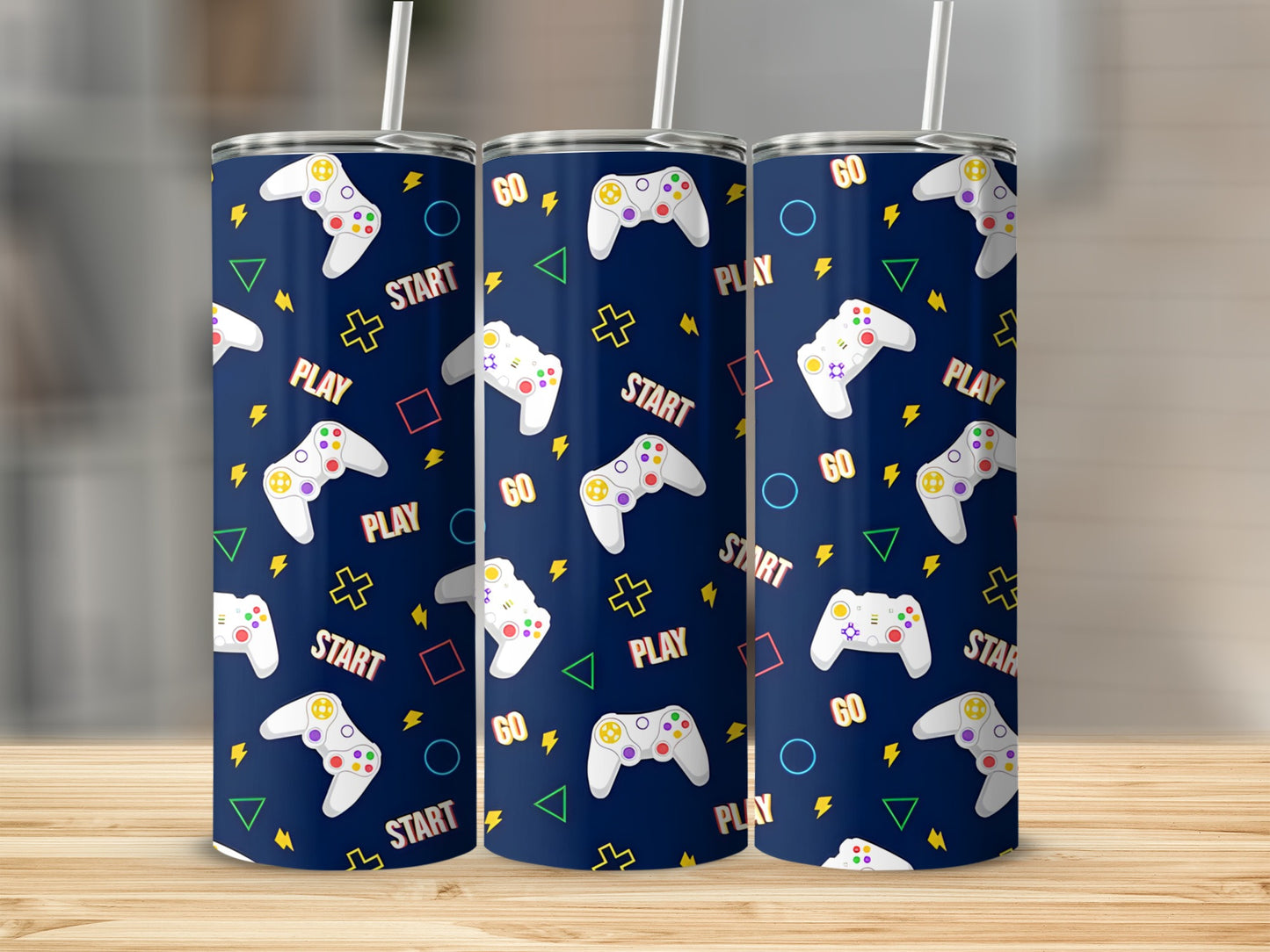Three tumblers with a navy background featuring video game controllers, play, start, and go text.