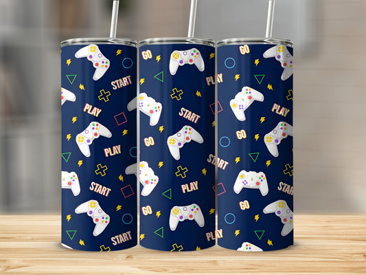 Three tumblers with a navy background featuring video game controllers, play, start, and go text.